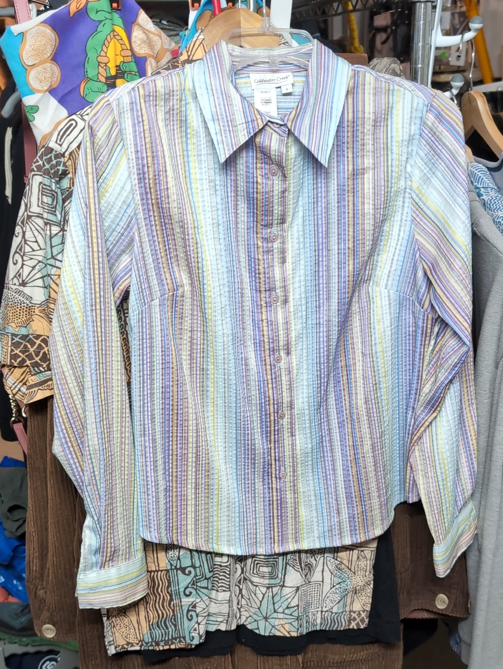 Coldwater Creek Pastel Multi-Stripe Button-Down Shirt Sz S Small